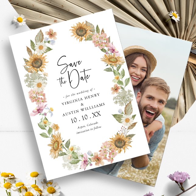 Foto Solros Spara datum-kort Datumet (Photo Sunflower Wildflower Wreath Floral Save the Date Card by Painted Paperie
)