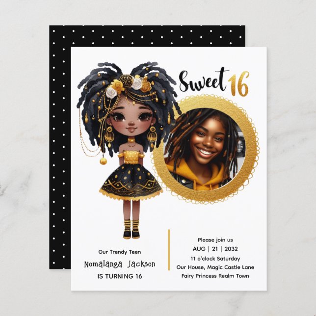 FOTO Söt 16 Svart Tonårsfödelsedag Svart Guld (Fram/baksida)