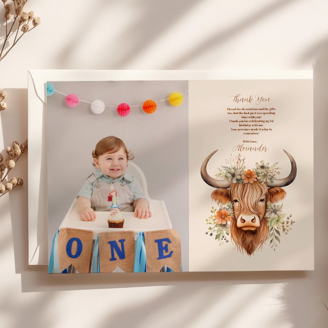 Foto Söt Highlandko 1-årsdag Tack Kort (Skapare uppladdad)