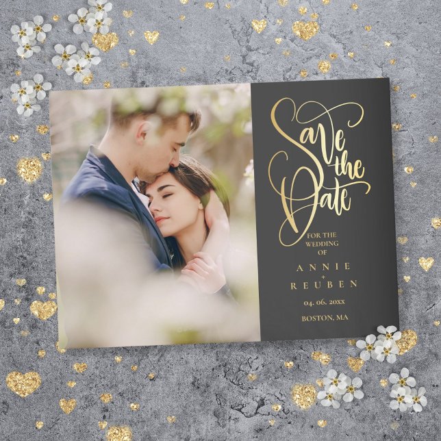 Foto Spara datum Elegant Guldskrift Meddelande Vykort (Photo Save the Date Elegant Gold Script Announcement Postcard)