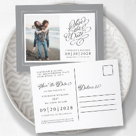 Foto Spara Datum Grått & Vitt Elegant Bröllop Meddelande Vykort