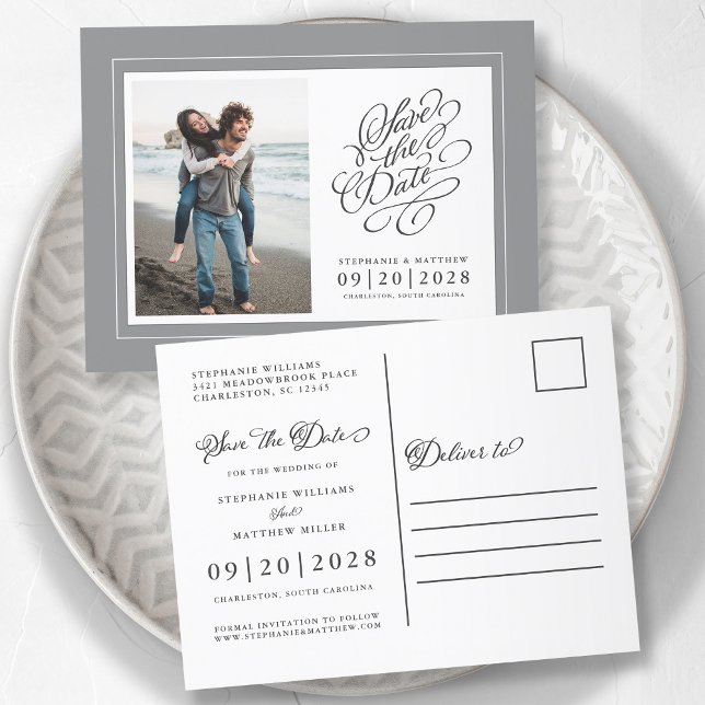 Foto Spara Datum Grått & Vitt Elegant Bröllop Meddelande Vykort (Skapare uppladdad)