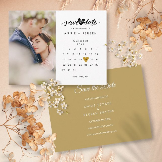 Foto Spara datum kalender Bröllop Guld Hjärtan Vykort (Photo Save the Date Calendar Wedding Gold Heart Postcard)