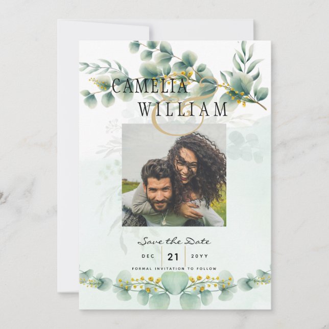 Foto Sparat datumet Eucaluptus Guld Modern Inbjudningar (Framsida)