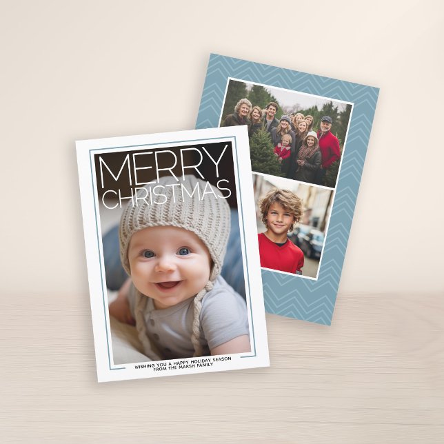 Foto - stort God jul - Baby blue accenter Julkort (3 Photo Christmas Card with Huge White Type Overlay - Print and Download Option)