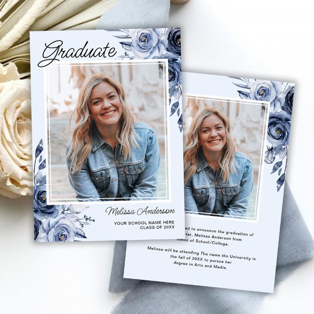 Foto Student Navy Blåa blommor-meddelande Inbjudningar (Skapare uppladdad)