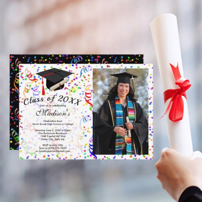 Foto Studenten Black Cap Diploma Confetti Party Inbjudningar (Photo Graduation Black Cap Diploma Confetti Party Invitation)