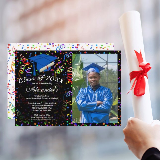 Foto Studenten Blue Cap Confetti-klass i Party Inbjudningar (Photo Graduation Blue Cap Confetti Class of Party Invitation)