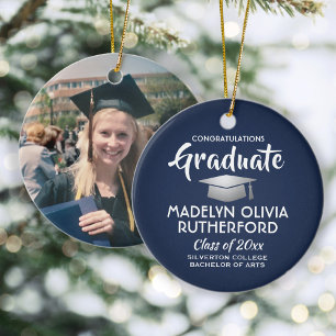 Foto Studenten Gratulerar Modern Navy Blue & White Julgransprydnad Keramik