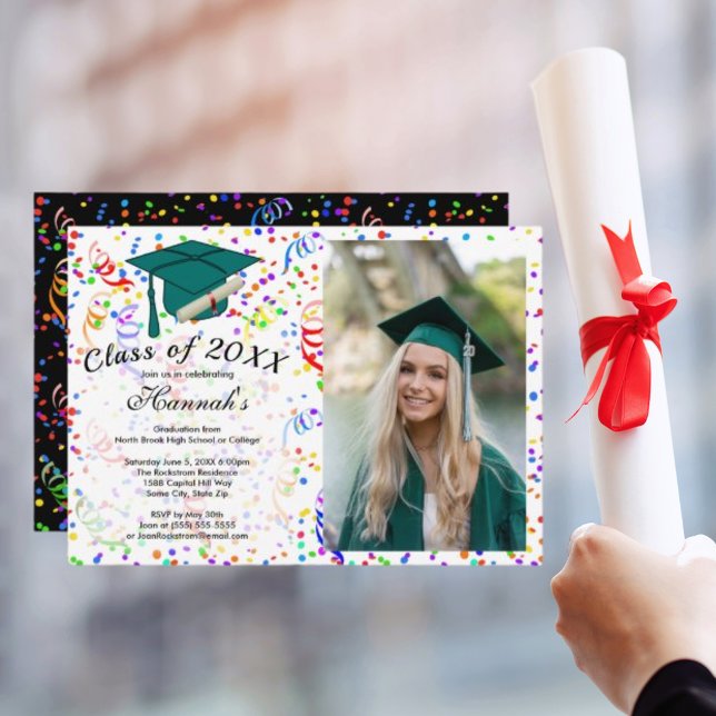 Foto Studenten Grönt Cap Confetti klass Party Inbjudningar (Photo Graduation Green Cap Confetti Class of Party Invitation)