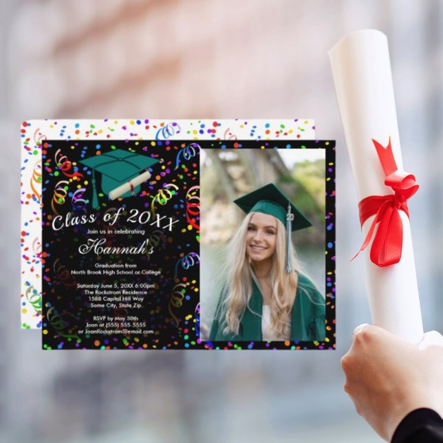 Foto Studenten Grönt Cap Confetti klass Party Inbjudningar (Photo Graduation Green Cap Confetti Class of Party HZ Invitation)