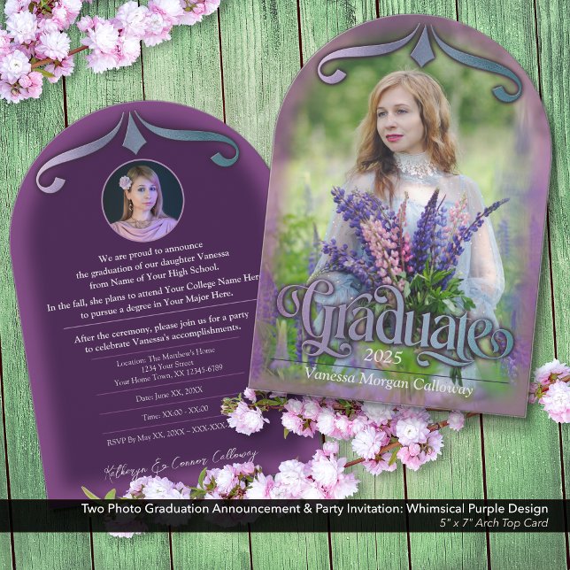 Foto Studenten-inbjudan Whimsical Lila Inbjudningar (Two Photo Graduation Announcement & Invitation: Whimsical & Enchanting Purple Fairytale Aesthetic.)