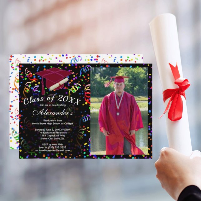 Foto Studenten Red Cap Confetti klass 20XX Party Inbjudningar (Photo Graduation Red Cap Confetti Class 20XX Party Invitation)