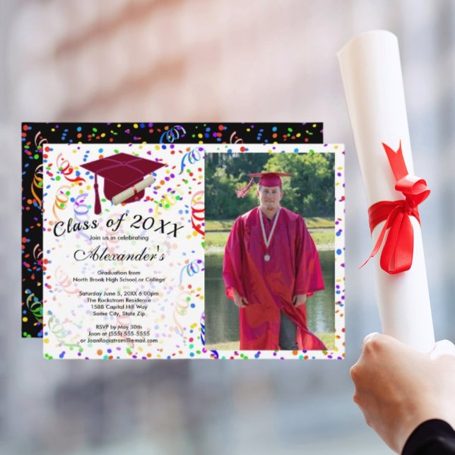 Foto Studenten Red Cap Confetti klass Party Inbjudningar (Photo Graduation Red Cap Confetti Class Party Invitation)