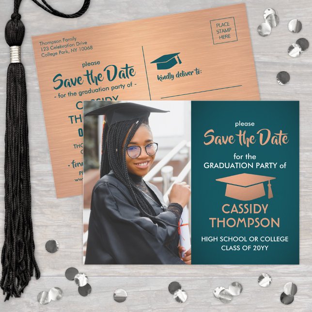 Foto Studenten Teal & Faux Copper Spara datum Vykort (Skapare uppladdad)