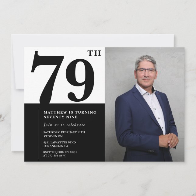Foto svart och vit 79-års födelsedagsinbjudan inbjudningar (Framsida)