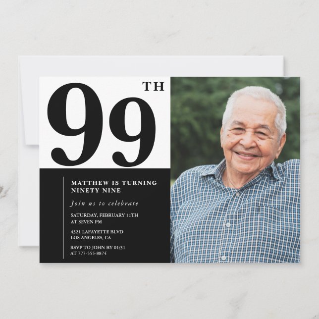 Foto svart och vit 99-års födelsedagsinbjudan inbjudningar (Framsida)