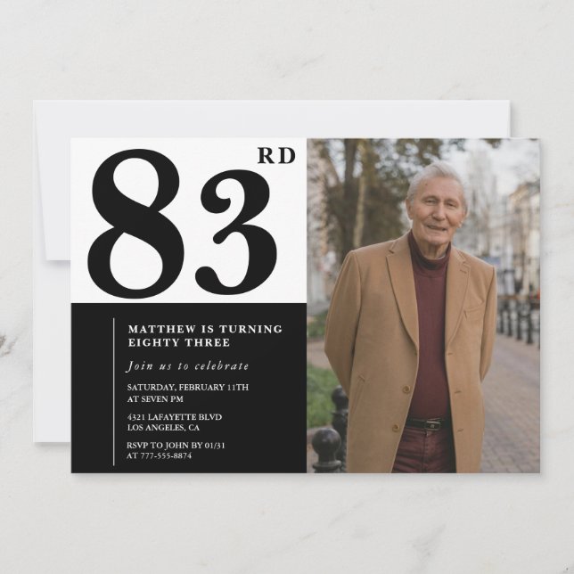 Foto svart och vitt 83-års födelsedagsinbjudan inbjudningar (Framsida)