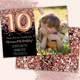 Foto svart ros guld glitter 10-års födelsedagsfest inbjudningar