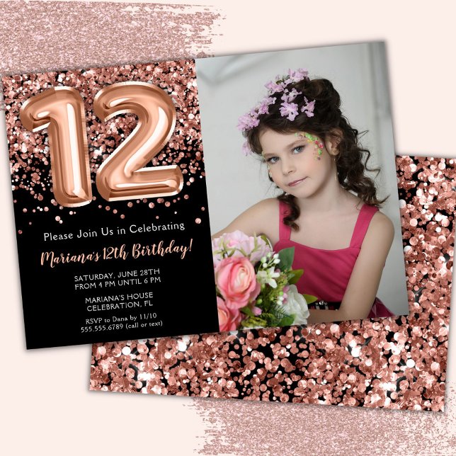 Foto svart ros guld glitter 12-årsdag inbjudningar (Skapare uppladdad)