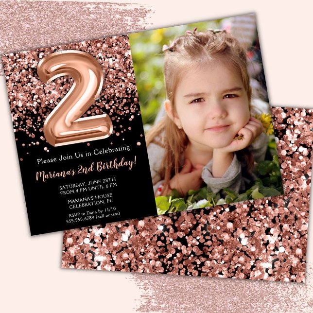 Foto svart ros guld glitter 2-års födelsedag inbjudningar (Skapare uppladdad)