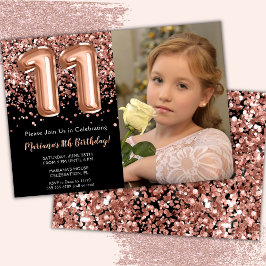 Foto Svart Rosa Guld Glitter 11-årsdag Inbjudningar