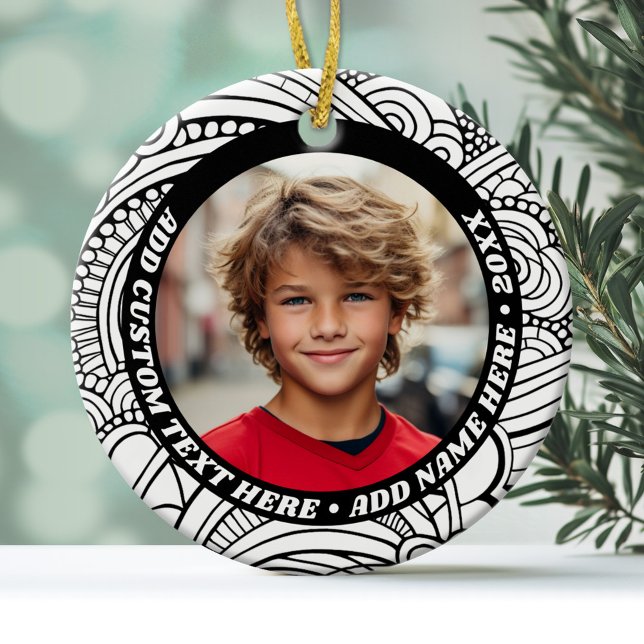 Foto - Svartvit Abstrakt Gräns - Retrotext Julgransprydnad Keramik (Personalized Photo Ornament)