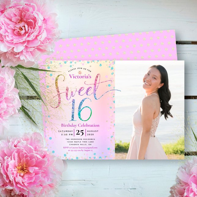 Foto Sweet 16 Rainbow Glitter Ombre Foil Birthday Inbjudningar (Skapare uppladdad)