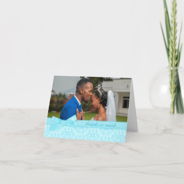 Foto tack damast bröllop blekblå kort (Framsida)