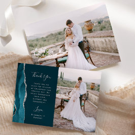 Foto Teal Blå Agat Silver Script Bröllop Tack Kort