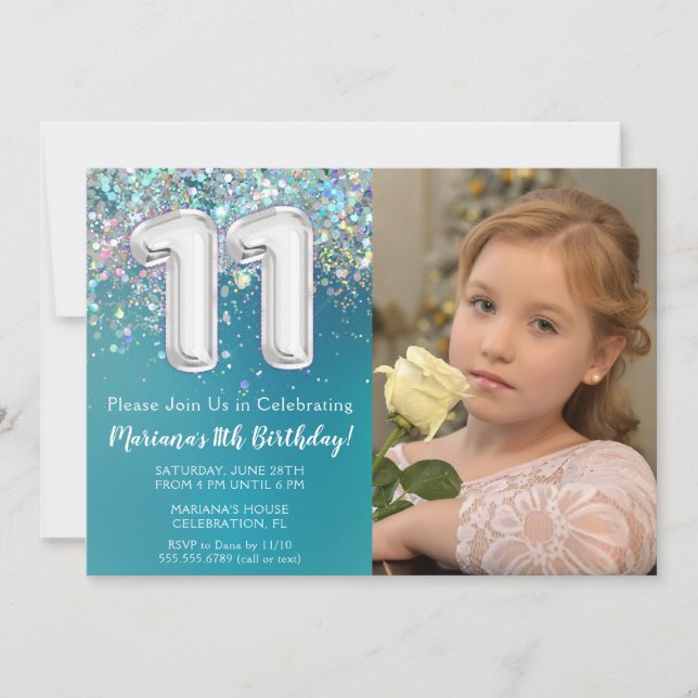 Foto Teal Silver Glitter 11-årsdag Inbjudningar (Framsida)
