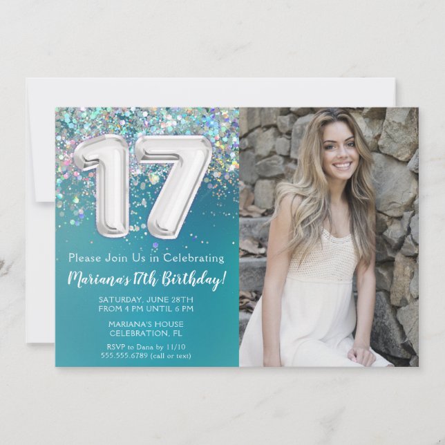 Foto Teal Silver Glitter 17-årsdag Inbjudningar (Framsida)