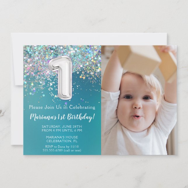 Foto Teal Silver Glitter 1-års födelsedagsfest Inbjudningar (Framsida)