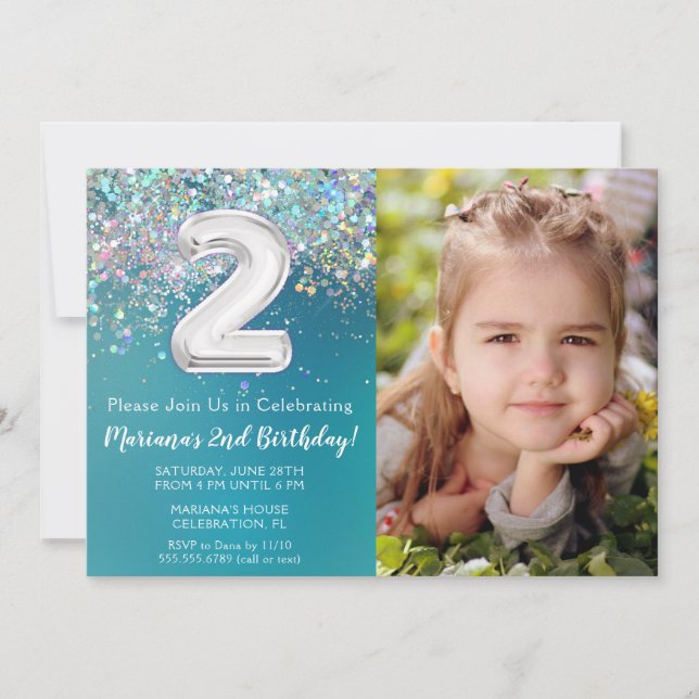 Foto Teal Silver Glitter 2-årsdag Inbjudningar (Framsida)