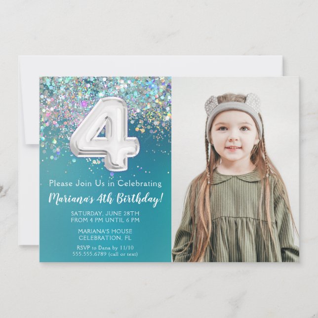 Foto Teal Silver Glitter 4-års födelsedagsinbjudan Inbjudningar (Framsida)