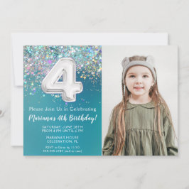 Foto Teal Silver Glitter 4-års födelsedagsinbjudan Inbjudningar