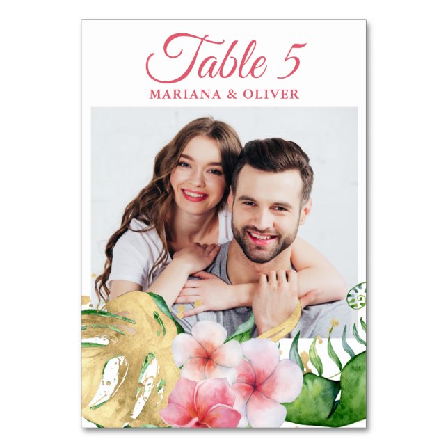 Foto Tropical Flowers Handflatan Guld Blommigt Brö Bordsnummer (Framsidan)