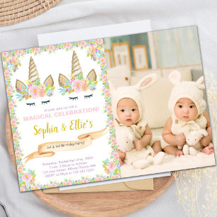 Foto Twin Blommigt Unicorn Birthday-inbjudningar Inbjudningar