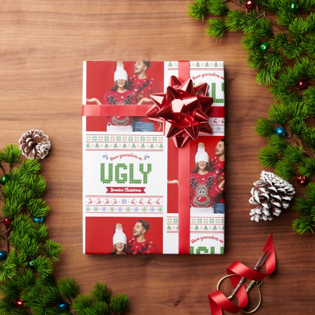 Foto Ugly jul Sweater Red Grönt Nordic Sticka Presentpapper (Julgåva)