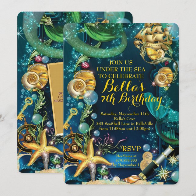 Foto under havsområdet Pirat Sjöjungfru Party Inbj Inbjudningar (Fram/baksida)