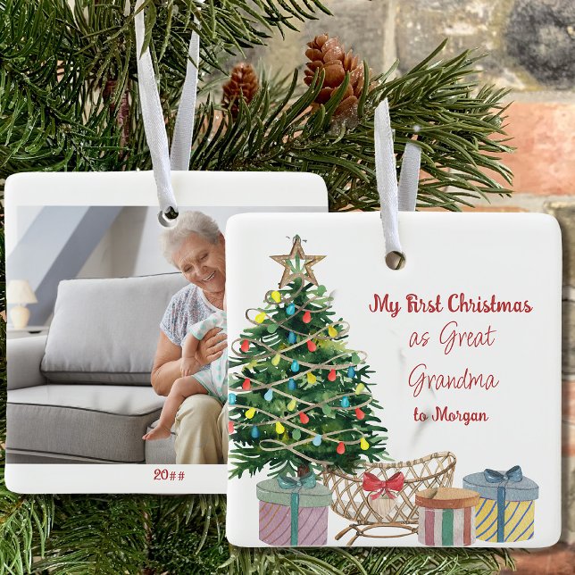 Foto Underbar Grandma First jul Träd och Crib Julgransprydnad Keramik (First christmas .. double-sided keepsake ornament with new baby scene one side & photo on the other)