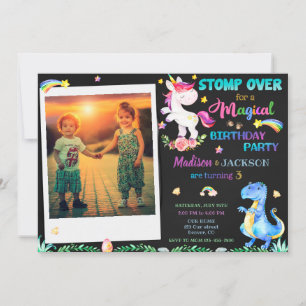 Foto Unicorn och Dinosaur-födelsedagsinbjudan Inbjudningar