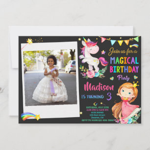Foto Unicorn och Princess-födelsedagsinbjudan Inbjudningar