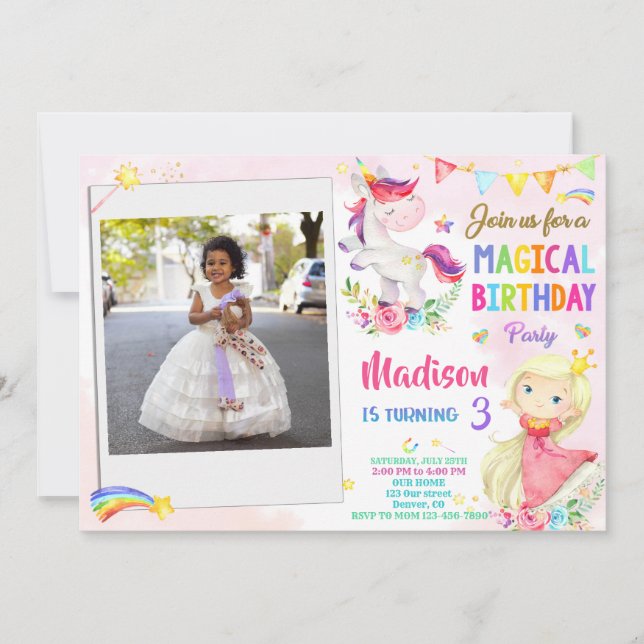 Foto Unicorn och Princess-födelsedagsinbjudan Inbjudningar (Framsida)