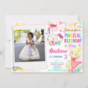 Foto Unicorn och Princess-födelsedagsinbjudan Inbjudningar
