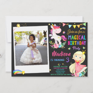 Foto Unicorn och Princess-födelsedagsinbjudan Inbjudningar