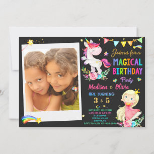 Foto Unicorn och Princess-födelsedagsinbjudan Inbjudningar