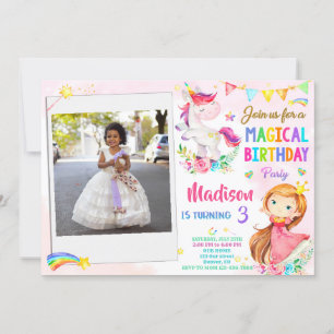 Foto Unicorn och Princess-födelsedagsinbjudan Inbjudningar