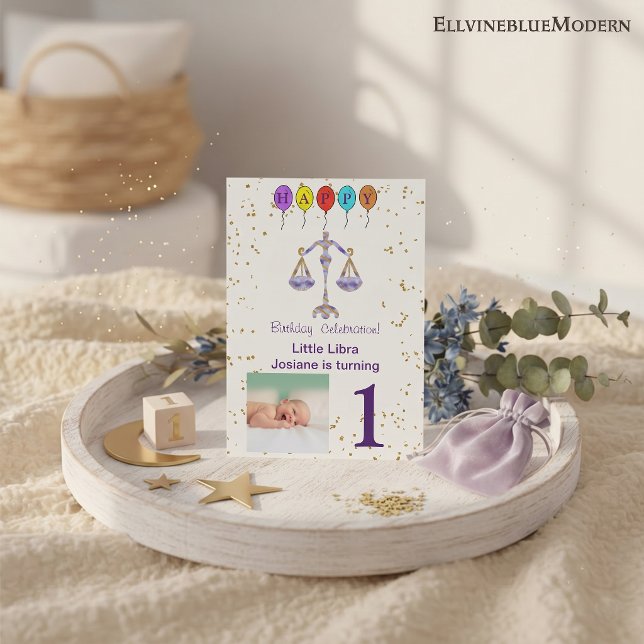 Foto & Vågen Födelsedag med Guld & Ballonger Inbjudningar (Libra 5” x 7” Photo Invite. Visit Libra Zodiac Birthday Party Collection for more items.)