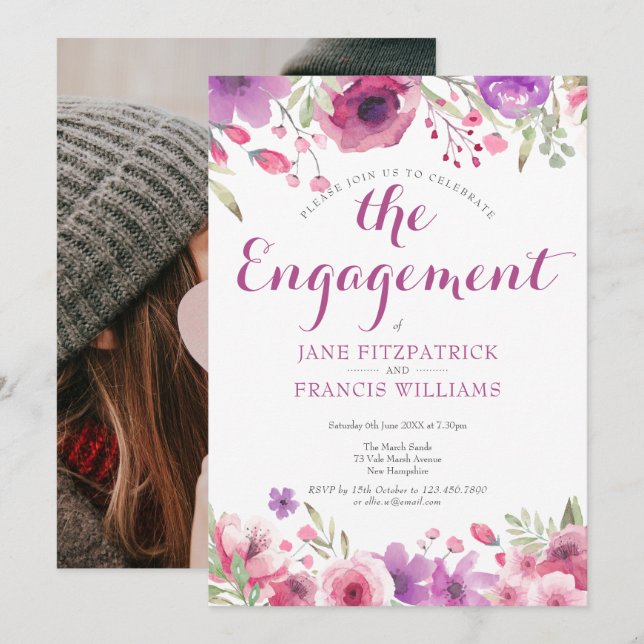 Foto Vattenfärg Ros Blommig Förlovningsfest Inbjudningar (Fram/baksida)